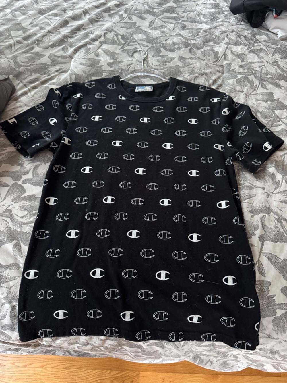 Champion Black Tee with Repeating White Logos
